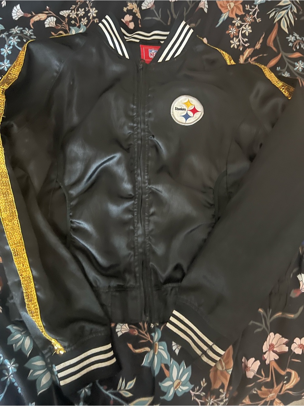 NFL Kids' Black Satin Bomber Jacket with Gold Trim